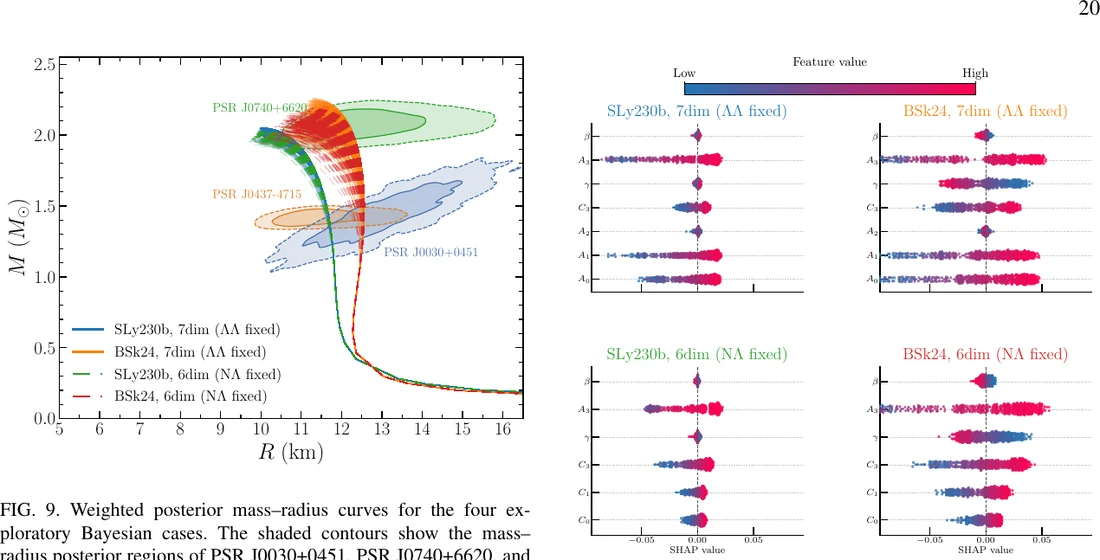 Posterior neutron-star mass-radius curves and SHAP feature-value distributions.